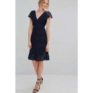 Foxiedox Anthropologie Navy Blue Lace Midi Dress V‑Neck Cap Sleeve Cocktail Sz L